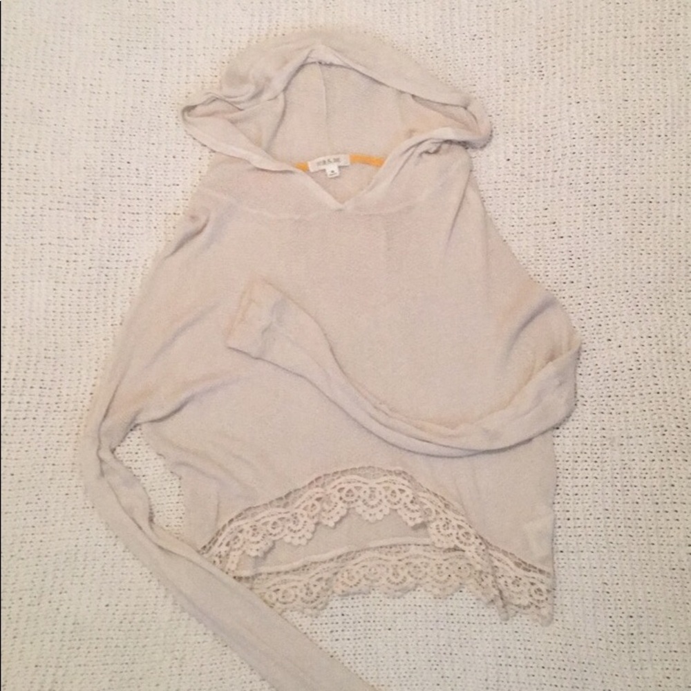 Knit, sweater with hood, lace trim on bottom